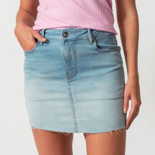 Saia Jeans Curta Confort Barra à fio Delavê