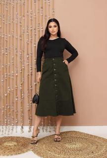 Saia Jeans Longa Verde Militar Toda Lisa Feminina Com Bolsos e Botões Moda Crista Evangéli