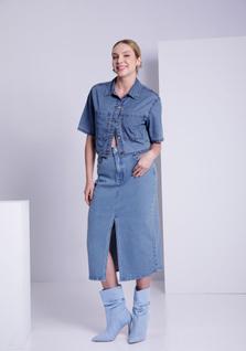 Saia Jeans Midi Cintura Alta com Fenda Lunender 20996