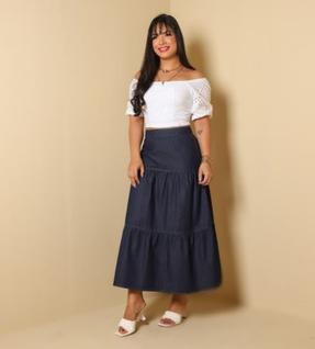 Saia Longa Jeans com Babado Moda Evangélica