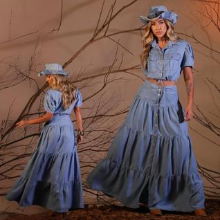 Saia Longa Jeans Premium Feminina  Sem Elastano Evangelica Estilosa