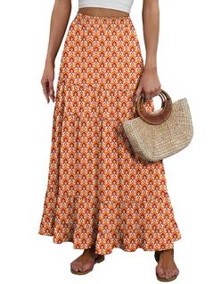 Saia maxi ANRABESS, elástica de cintura alta, em camadas, evasê, floral