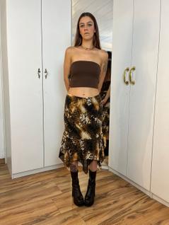Saia midi corte evasê estampada animal print onça com pontas assimétricas m/g
