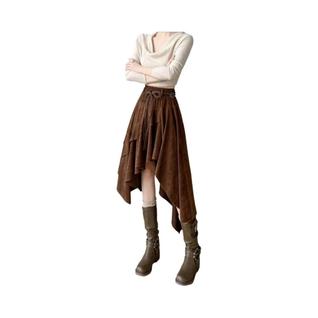 Saia Midi Feminina Boêmia Vintage Em Camurça Assimétrica A-Line Retrô Outono Inverno