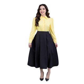 Saia Midi Feminina De Alfaiataria Plissada Com Forro Elegante