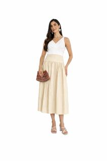 Saia Midi Feminina Leve com Forro Confortável Elegante Cor:Bege - P