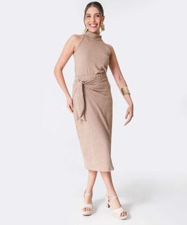 Saia Midi Feminina Textura Transpassada Marisa Bege-66088