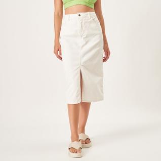 Saia Midi Jeans Color Reta Fenda Frontal Branco Cru