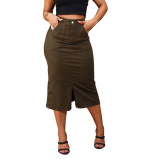 Saia Midi Jeans Com Fenda Na Frente Moda Modesta - 111151 C/bolso - 111152 -101150