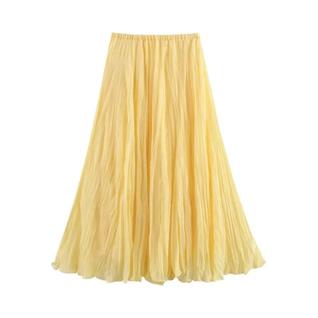 Saia Midi Plissada Amarela De Cintura Alta Para Mulheres, Estilo Fada Elegante Com Babados