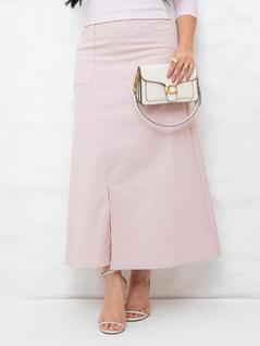 Saia Midi Social de Linho Básica Lisa com Bolso Fenda Elegante Soltinha Cor:RosaTamanho:GG