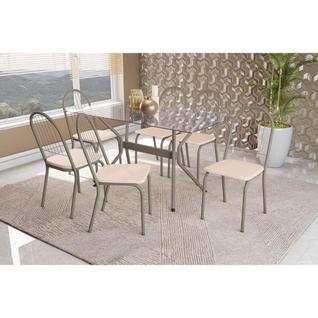 Sala de Jantar Completa Loire Tampo de Vidro 80x120cm e 6 Cadeiras Noruega Niquel - Nude -