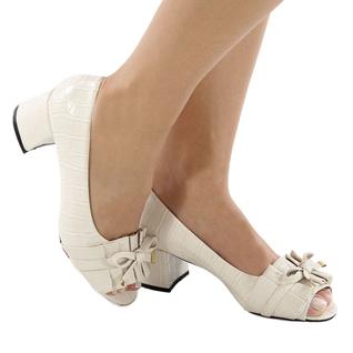 Sapato Peep Toe Salto Bloco 4cm Croco Off White Napa Ecológica ER257