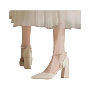 Sapatos De Noiva Elegantes Com Pérolas E Salto Baixo Chunky De 5cm Com Tira Ajustável No T