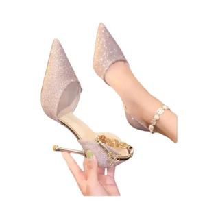 Sapatos De Salto Alto Com Tira No Tornozelo E Contas Prateadas Para Mulheres, Moda Para Ca