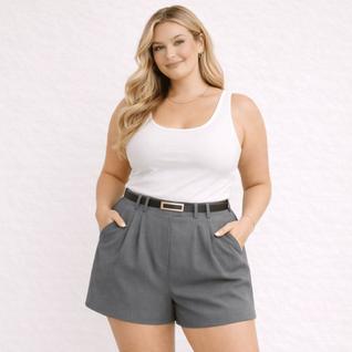Short Alfaiataria Plus Size Feminino Viscolinho Cintura Alta Com Zíper Lateral Com Cinto A