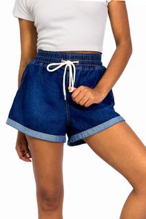 Short feminino de Jeans, Barra Dobrada Cintura Elástica Soltinho De Promoção 100% Algodão