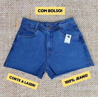 Short Jeans Liso Feminino Lavagem Azul Cós Alto Barra Corte Laser Com Bolsos Tendência Ver