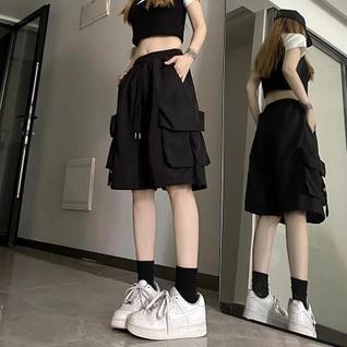 Shorts Cargo de Cintura Alta para Mulheres - Calças Largas de Verão com Bolsos Grandes