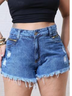 Shorts jeans feminino rasgados e ziperes  nas laterais