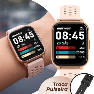 Smartwatch Feminino Troca Pulseira Rosa e Preto com Caixa de Polímero e Pulseira de Silico