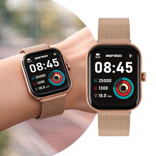 Smartwatch Relógio Inteligente Rosa Feminino com Caixa de Polímero e Pulseira de Aço Inoxi