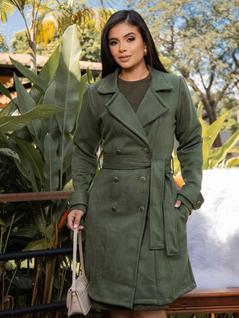 Sobretudo Feminino Casaco Longo de Frio Elegante Suede Cor:VerdeTamanho:G