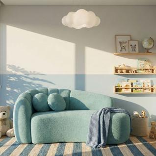 Sofá Curvo 3 Lugares Orgânico Confortável Serena Boucle Azul Turquesa - Montanari s Decor
