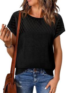 Suéter feminino Imily Bela, manga curta, crochê, malha preta