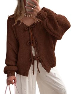 Suéter PRETTYGARDEN com Laço Frontal Trançado Grosso Caramelo M