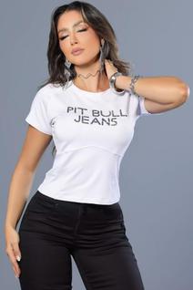 T-shirt Branca Modeladora e Estilosa com Logomania Brilhosa Pit Bull Jeans Ref: 89216