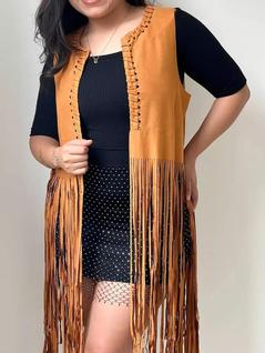 T0140-Colete Feminino Boho Midi Marrom Preto Azul Franjas Festa Carnaval Liso Rodeio Count