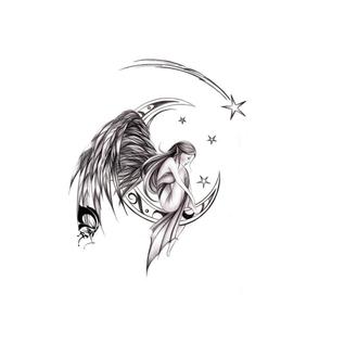 Tatuagem meia lua anjo e estrelas universo