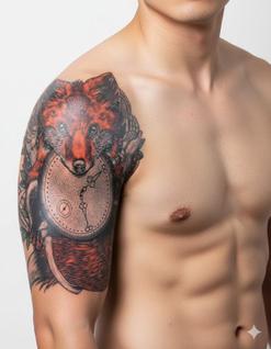 Tatuagem Temporária Braço Raposa com Relógio Realista Colorida 19x12cm Tattoo Masculina Fa