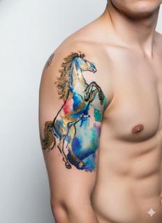 Tatuagem Temporária Cavalo Aquarela Colorida e Dourada Realista 19x12cm Tattoo Braço Mascu