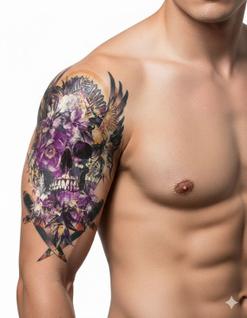 Tatuagem Temporária Caveira com Flores e Adagas 19x12cm - Tattoo Realista Roxa Premium