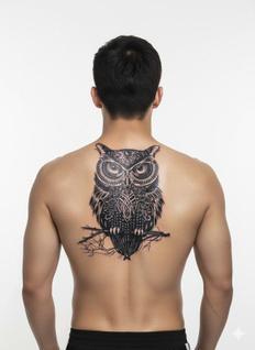 Tatuagem Temporária Costas Masculina Coruja Tribal Mandala Realista Preta 19x12cm Tattoo