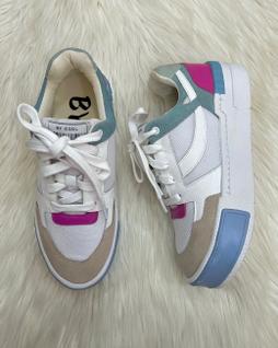 Tênis Feminino Casual em Couro e Camurça com Cadarço - By Cool (Parô) - Branco, Azul e Pin