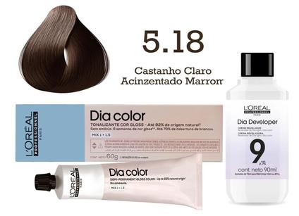 Tonalizante Dia Color 5.18 Castanho Claro Acinzentado Marrom + Emulsão Reveladora 9v L'Or