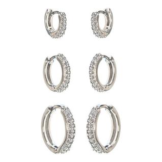 Trio De Brincos Argolas Finas Cravejadas Banho Prata 925
