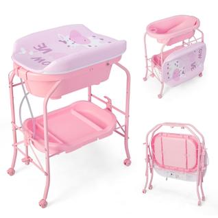 Trocador de bebê HONEY JOY com banheira, dobrável, rosa