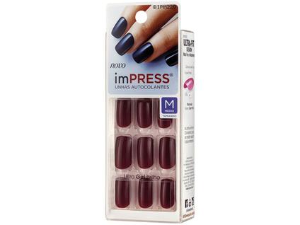Unhas Postiças Autocolante Kiss New York Impress - Color Pretty PLS Vinho Redonda Média 24