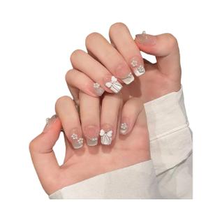 Unhas Postiças Femininas Com Laço De Pérolas Brilhantes, Efeito Olho De Gato, Francesinha,