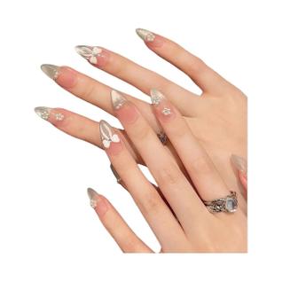 Unhas Postiças Femininas Com Laço De Pérolas Brilhantes, Efeito Olho De Gato, Francesinha,