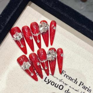 Unhas Postiças Vermelhas Longas Estilo Punk Com Design De Flores E Diamantes Brilhantes - 