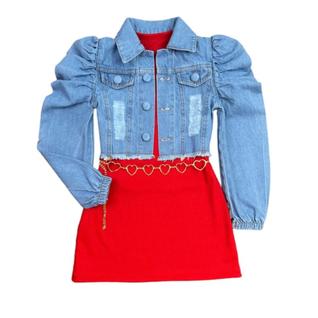 Vestidinho Infantil E Jaqueta Jeans Blogueira+ Cinto Coração