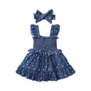 Vestido Azul Para Bebê Menina Com Faixa De Cabelo 3-24 Meses Conjunto De 2 Peças Com Bolin