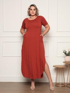 Vestido Camiseta Maxi Longo Com Fendas Ref.15538