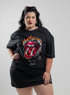 Vestido camisetao oversized feminino vintage rolling stones preto - jayjam rockwear