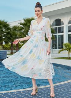Vestido Casual Feminino Midi Branco Floral Manga Longa